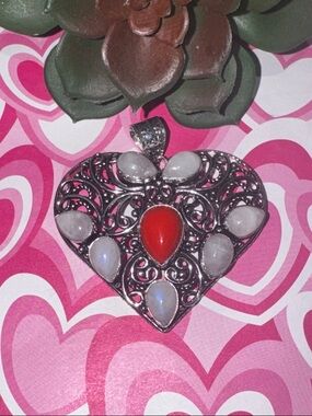 Silver Moonstone & Coral Heart Pendant